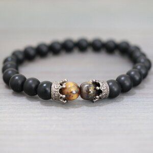 Tiger Eye Gemstone with Crown Charm Black Matte Beads Adjustable Bracelet